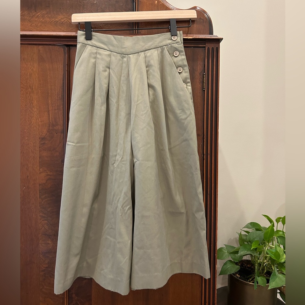 Classic of Boston Olive Green Wide-Leg Pants with Button Side Detail